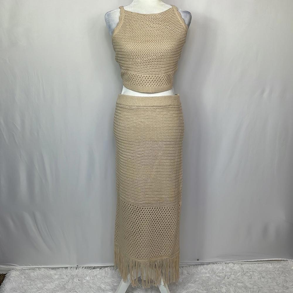 House of Harlow 1960 Two Piece Knit Midi Skirt Set  Womens Cream Size Medium New